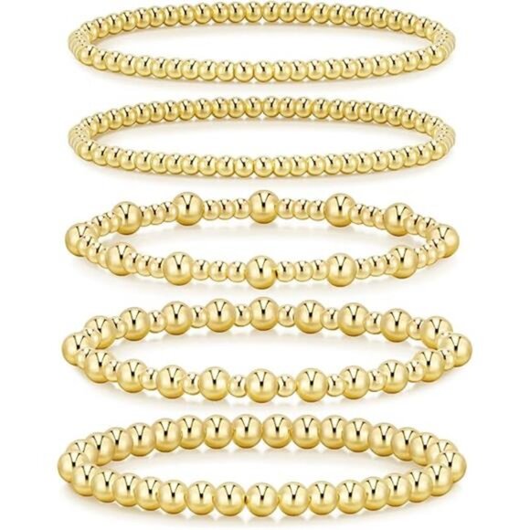 Gold Beaded Bracelets for Women Stackable Adjustable 14K Gold Plated Jewelry Set - Picture 6 of 6